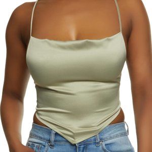 Women's Satin Cowl Neck Hanky Hem Lace Up Top - Olive - Large NWT